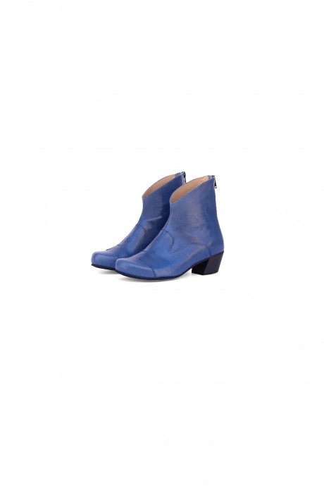 Blue low heel women's boots with a back zipper