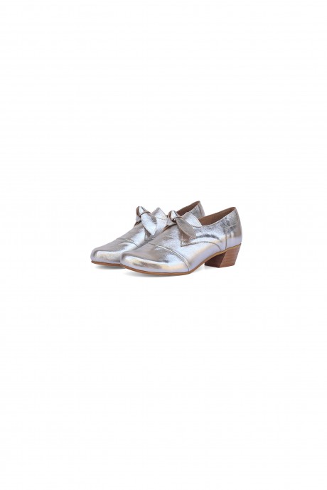 Metallic women's leather shoes low heel bow shoes